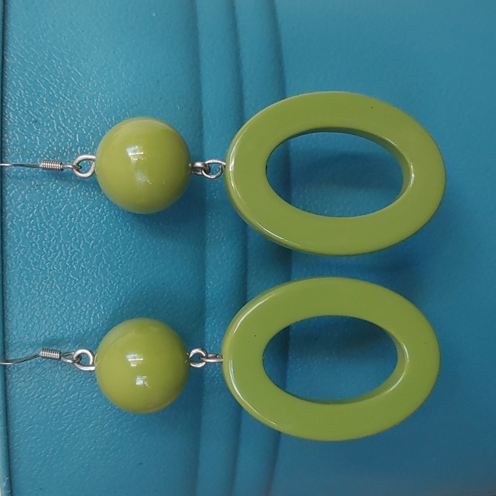 Olive Green Dangle Drop Earrings Oval Hoop Shape.